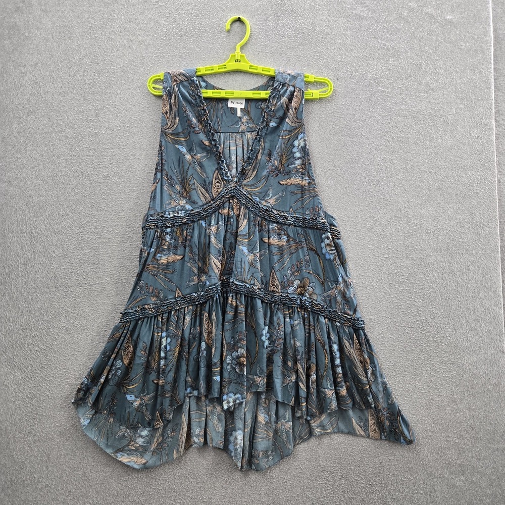 Free People Women Blouse M Blue Floral Tunic Tank Tiered Humming Bird